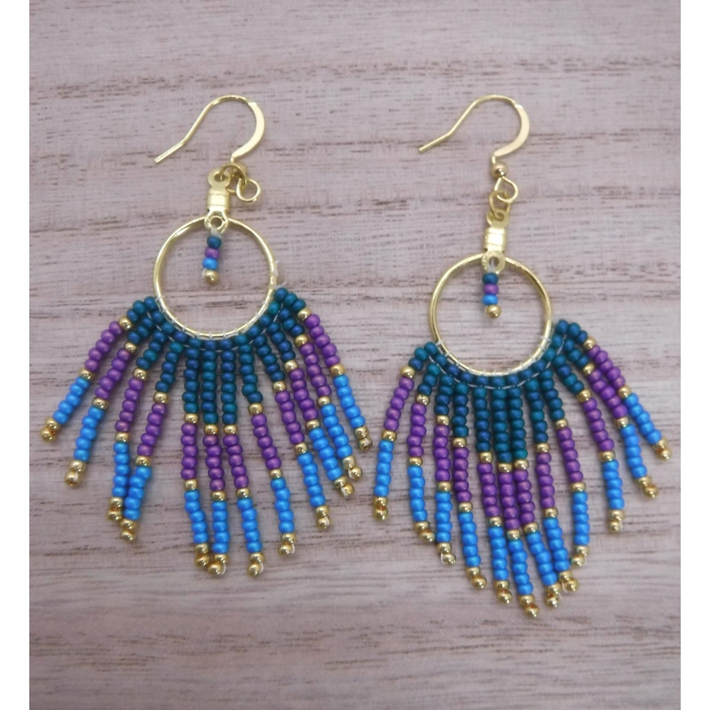 Earrings Beaded Gold Teals & Purple